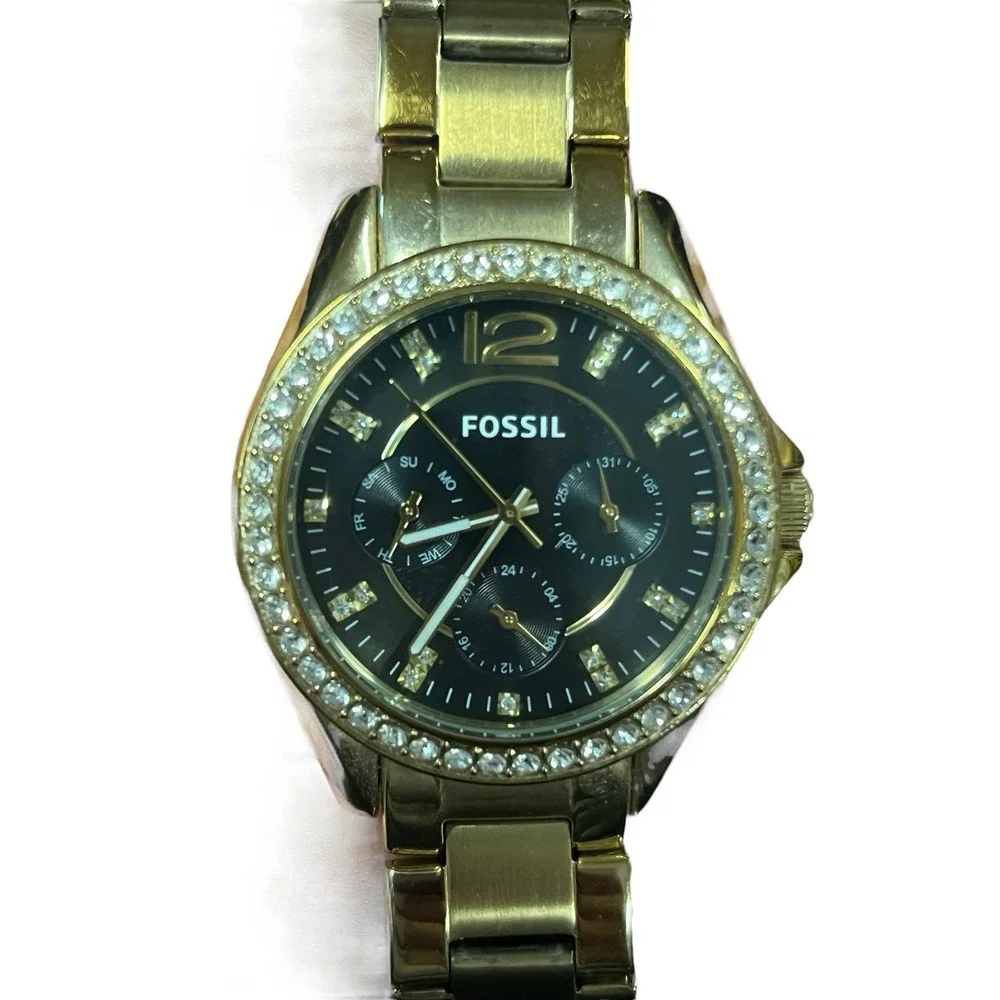 Fossil Riley ES 3384 Gold Bracelet Black‎ Face Swarovski Crystal Dial & Bezel